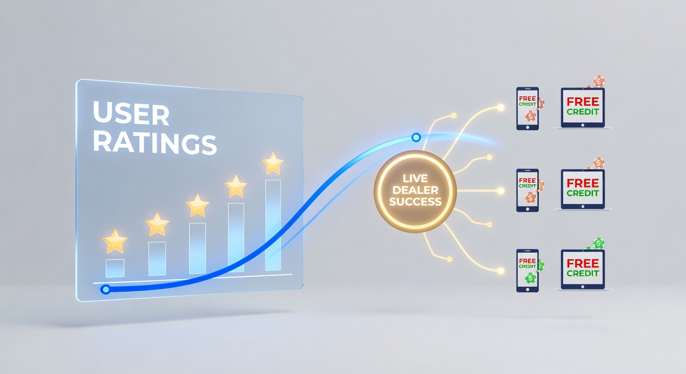 Mobile app interface displaying user ratings alongside live dealer tables with free credit promotions highlighted