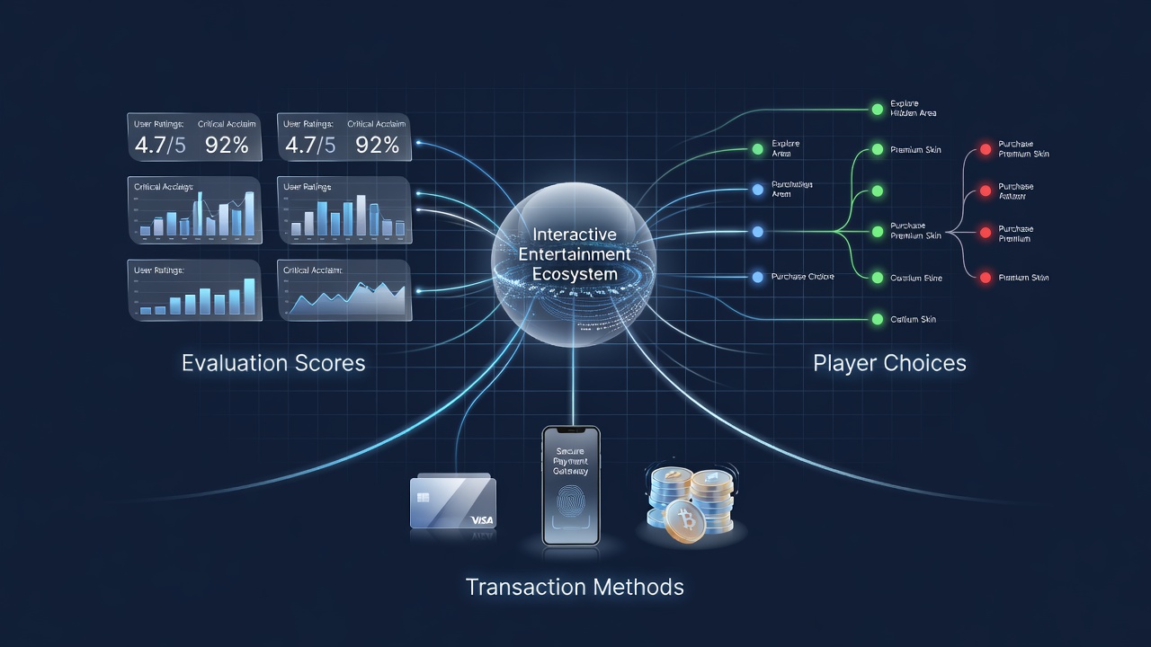 Interactive entertainment platform showing user ratings and payment options side by side