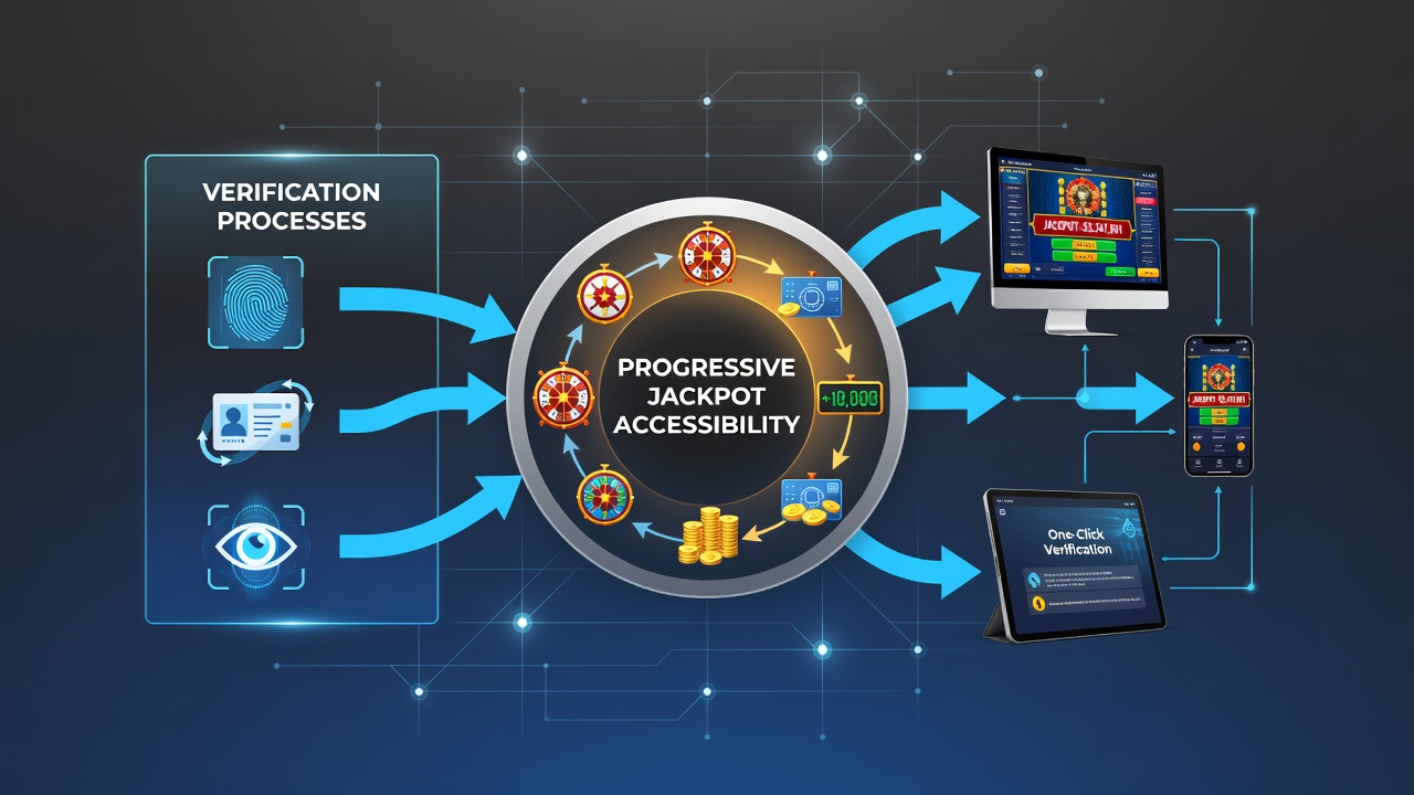 Multi-platform gaming interface showing verification checkpoints and progressive jackpot displays across desktop and mobile screens