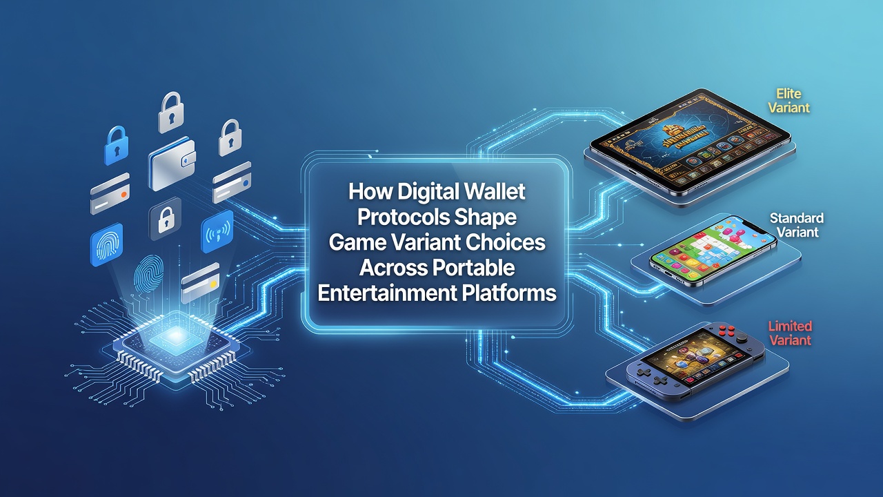 Digital wallet interfaces displayed on multiple portable gaming devices showing transaction flows for different game variants
