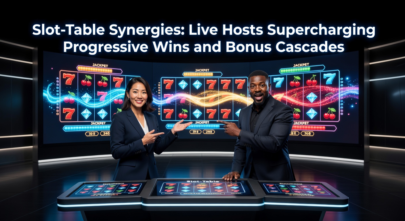 A live host engaging players at a vibrant slot-table hybrid setup, with cascading bonuses lighting up screens and progressive meters climbing in real time