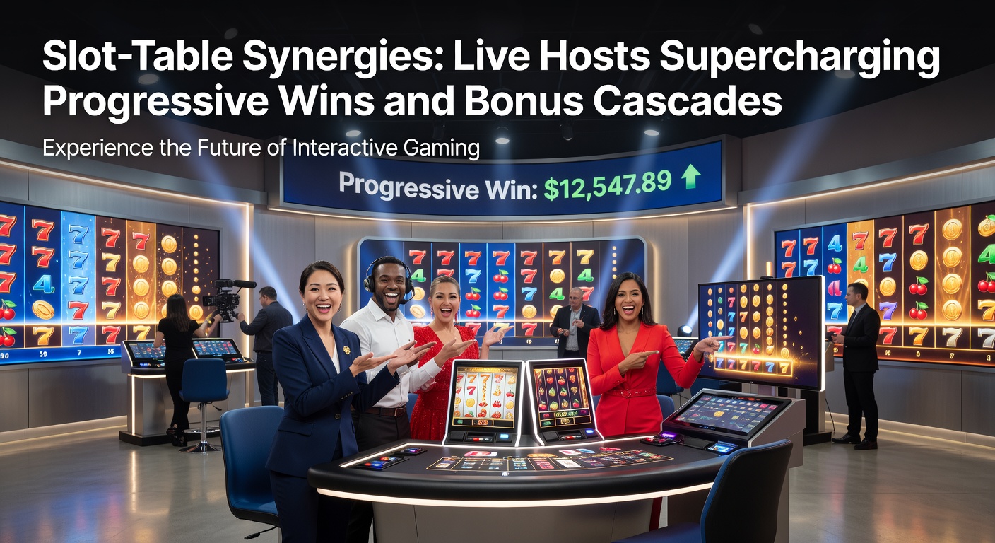Progressive jackpot meter exploding amid a cascade of slot symbols and table cards, with a live host celebrating in the foreground