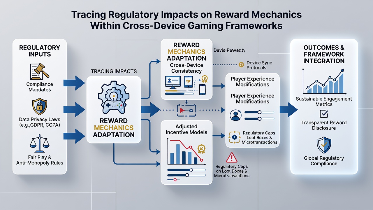 Cross-device synchronization of gaming rewards under evolving compliance standards